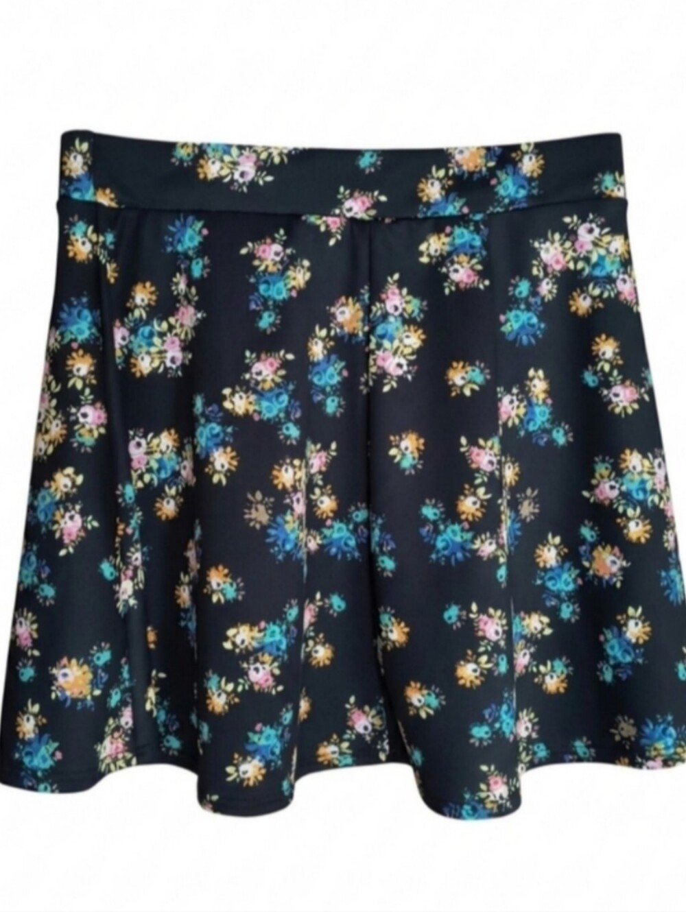 Charlotte Russe Black Floral A-Line Skirt with Blue, Pink & Yellow Flowers